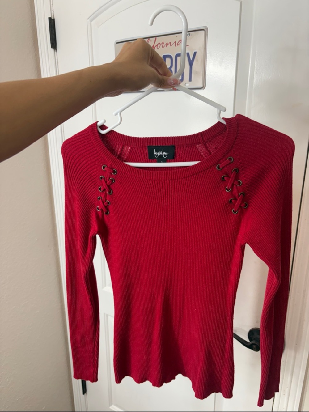 by:by Red Lace-Up Ribbed Long Sleeve Top